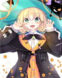 Rule 34 | 1girl, absurdres, belt, blonde hair, blue eyes, commentary, english commentary, fangs, hat, highres, jacket, looking at viewer, millie parfait, misuka, nijisanji, nijisanji en, open mouth, paw pose, short hair, solo, twitter username, virtual youtuber, white background, witch hat