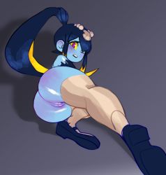 Rule 34 | 1girl, ass, blue skin, blush, brown thighhighs, colored sclera, colored skin, female focus, fins, fish girl, from behind, gradient background, hair ornament, head fins, highres, huge ass, loafers, lying, mandragoria, minette (skullgirls), monster girl, on side, one eye closed, pink eyes, pussy, shell, shoes, skullgirls, solo, thighhighs, yellow sclera