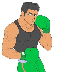 Rule 34 | 1boy, bara, bare shoulders, black hair, black tank top, boxing gloves, commentary request, covered abs, dark-skinned male, dark skin, frown, green eyes, green shorts, large pectorals, little mac, long sideburns, looking at viewer, male focus, muscular, muscular male, nintendo, pectoral cleavage, pectorals, porkjinta, punch-out!!, shirt, short hair, shorts, sideburns, sidepec, solo, tank top, tight clothes, tight shirt