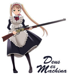 Rule 34 | 1girl, :&lt;, blonde hair, combat maid, copyright name, deus ex machina, green eyes, gun, long hair, machina (deus ex machina), maid, maid headdress, pantyhose, rifle, scope, solo, twintails, weapon, winchester