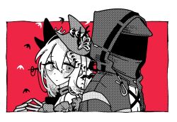 Rule 34 | 1girl, 1other, arknights, back-to-back, blush, border, commentary, doctor (arknights), dress, gloves, greyscale with colored background, high collar, hood, hooded jacket, jacket, long hair, looking at another, mask, pointy hat, profile, red background, sanada ima, simple background, skadi (arknights), skadi the corrupting heart (arknights), steepled fingers, tropical fish, upper body