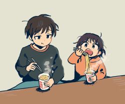 Rule 34 | 1boy, 1girl, absurdres, brown hair, chewing gum, chopsticks, closed mouth, commentary, cup ramen, eating, food, green sweater, grey background, highres, holding, holding chopsticks, kotatsu, long sleeves, muji (uimss), noodles, open mouth, orange sweater, original, short hair, simple background, sitting, sweater, table