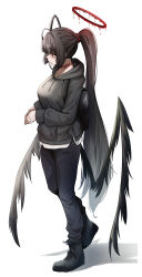 Rule 34 | 1girl, absurdres, alternate costume, ankoku kishi m, antenna hair, backpack, bag, black footwear, black hair, black hoodie, black pants, black wings, blue archive, blush, breasts, closed mouth, full body, halo, highres, hood, hoodie, long hair, long sleeves, medium breasts, melting halo, pants, ponytail, red eyes, red halo, shoes, simple background, solo, tsurugi (blue archive), very long hair, white background, wings