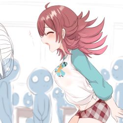 Rule 34 | 1girl, 6+others, ahoge, blush, breasts, covered erect nipples, electric fan, fan speaking, highres, idolmaster, idolmaster shiny colors, komiya kaho, looking at another, medium breasts, multiple others, navel, no bra, pants, plaid, plaid pants, print shirt, profile, red hair, see-through, see-through shirt, shiming liangjing, shirt, solo focus, sweatdrop, tied shirt, wide-eyed