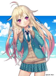 Rule 34 | 1girl, antenna hair, blonde hair, blue jacket, blue necktie, blue skirt, blue sky, buttons, cardigan, cevio, closed mouth, cloud, collared shirt, cowboy shot, gradient hair, hair flaps, hands up, highres, ia (vocaloid), jacket, legs apart, long hair, long sleeves, miniskirt, multicolored hair, necktie, open clothes, open jacket, pink eyes, pink hair, plaid, plaid necktie, plaid skirt, pleated skirt, puchiman, shirt, skirt, sky, sleeves past wrists, smile, solo, twitter username, two-tone hair, v-shaped eyebrows, vocaloid, white shirt
