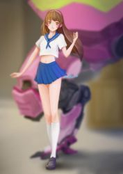 Rule 34 | 1girl, alternate costume, arm at side, black footwear, blue sailor collar, blue skirt, blurry, blurry background, brown eyes, brown hair, collarbone, d.va (overwatch), facepaint, facial mark, full body, hairband, hand up, kneehighs, legs together, loafers, long hair, looking at viewer, mecha, meka (overwatch), midriff, navel, neckerchief, overwatch, overwatch 1, parted lips, pink hairband, pleated skirt, robot, sailor collar, school uniform, serafuku, shirt, shoes, short sleeves, signature, skirt, smile, socks, solo, standing, stomach, whisker markings, white shirt, white socks, wizardcat