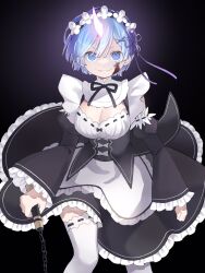 Rule 34 | 1girl, black background, blood, blood on face, blue eyes, blue hair, breasts, chain, cleavage, commentary request, demon girl, detached sleeves, evil smile, frilled sleeves, frills, hair between eyes, hair ornament, hair ribbon, highres, holding, holding weapon, horns, large breasts, looking at viewer, maid, maid headdress, nitsuki 09, oni horns, purple ribbon, re:zero kara hajimeru isekai seikatsu, rem (re:zero), ribbon, ribbon-trimmed clothes, ribbon trim, roswaal mansion maid uniform, short hair, simple background, smile, solo, thighhighs, weapon, x hair ornament