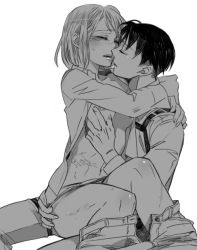 Rule 34 | 1boy, 1girl, ass grab, blush, breasts, couple, closed eyes, grabbing another&#039;s ass, greyscale, groping, hetero, hug, imminent kiss, imminent penetration, levi (shingeki no kyojin), medium breasts, medium hair, monochrome, open clothes, open mouth, open shirt, petra ral, scar, shingeki no kyojin, short hair, simple background, sitting, sitting on person, white background