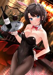 Rule 34 | 1girl, alcohol, alternate costume, animal ears, black leotard, blue eyes, blush, bottle, bow, bowtie, breasts, brown hair, cleavage, commentary request, cover, covered navel, cup, detached collar, drinking glass, dutch angle, ex idol, fake animal ears, fake tail, fishnet pantyhose, fishnets, head tilt, highres, holding, holding tray, hololive, indoors, leotard, looking at viewer, medium breasts, oozora subaru, open mouth, pantyhose, playboy bunny, rabbit ears, rabbit tail, red bow, red bowtie, short hair, solo, standing, strapless, strapless leotard, swept bangs, tail, textless version, tray, twitter username, virtual youtuber, wine, wine bottle, wine glass, wrist cuffs