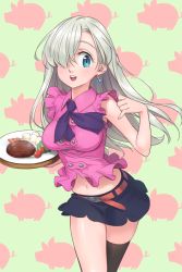 Rule 34 | 10s, 1girl, belt, black thighhighs, blue eyes, blush, breasts, earrings, elizabeth liones, female focus, fishkitty, food, frilled shirt, frills, hair over one eye, jewelry, large breasts, long hair, nanatsu no taizai, navel, open mouth, shirt, silver hair, single thighhigh, skirt, smile, solo, thighhighs, tray