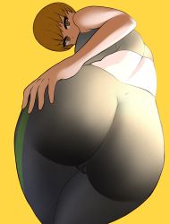 Rule 34 | 1girl, ass, ass focus, bare shoulders, cameltoe, from behind, highres, huge ass, looking at viewer, looking down, okaimikey, orange eyes, orange hair, persona, persona 4, satonaka chie, shiny clothes, short hair, solo, spandex