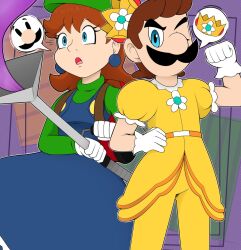 Rule 34 | 1boy, 1girl, blue eyes, brown hair, cosplay, costume switch, crossdressing, crown, earrings, facial hair, gloves, hat, highres, jewelry, luigi, luigi&#039;s mansion, mario (series), mustache, nintendo, one eye closed, open mouth, overalls, poltergust g-00, princess daisy, skirt, super mario land, tomboy, vacuum cleaner, wink