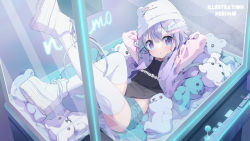 Rule 34 | 1girl, arms behind head, arms up, bandaid, bandaid hair ornament, beanie, black shirt, blue hair, blue shorts, clothes writing, commentary, gradient hair, hair ornament, hat, highres, jacket, leg up, looking at viewer, lying, multicolored hair, neki (wakiko), on back, open clothes, open jacket, original, parted lips, platform footwear, purple eyes, purple hair, purple jacket, reflection, shirt, shoes, short shorts, shorts, solo, stuffed animal, stuffed toy, teddy bear, thighhighs, white footwear, white hat, white thighhighs