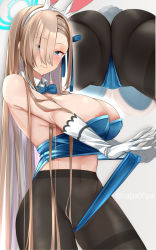 Rule 34 | 1girl, animal ears, areola slip, ass, asuna (blue archive), asuna (bunny) (blue archive), black pantyhose, blue archive, blue bow, blue bowtie, blue eyes, blue leotard, bow, bowtie, breasts, closed mouth, covered navel, detached collar, fake animal ears, fake tail, frontal wedgie, gloves, grey background, halo, highres, large breasts, leotard, leotard pull, light brown hair, light smile, long hair, looking at viewer, multiple views, pantyhose, playboy bunny, rabbit ears, rabbit tail, rapapa, simple background, tail, thighband pantyhose, very long hair, wedgie, white gloves
