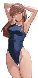 Rule 34 | 1girl, armpits, arms behind head, blue eyes, blue one-piece swimsuit, blunt bangs, breasts, brown hair, competition school swimsuit, dead or alive, gluteal fold, hairband, highres, hitomi (doa), long hair, looking at viewer, medium breasts, one-piece swimsuit, pink hairband, popo agaga, school swimsuit, simple background, smile, solo, swimsuit, thigh gap, white background