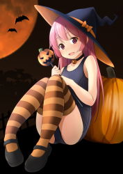 Rule 34 | black background, black choker, black footwear, blue one-piece swimsuit, blurry, blurry background, brown thighhighs, choker, collarbone, floating, halloween, hat, highres, holding, long hair, looking at viewer, moon, old school swimsuit, one-piece swimsuit, open mouth, orange moon, original, pumpkin, red eyes, school swimsuit, shadow, shibacha, shoes, sidelocks, sitting, smile, striped clothes, striped thighhighs, swimsuit, thighhighs, thighs, witch hat