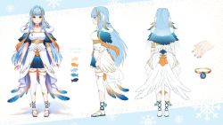 Rule 34 | 1girl, bird girl, blue capelet, blue eyes, blue footwear, blue hair, blue nails, blue skirt, bracelet, breasts, capelet, character name, character sheet, dress, feather hair ornament, feathers, fish, from side, fuyumi toba, hair intakes, hair ornament, hairclip, indie virtual youtuber, jewelry, large breasts, long hair, multicolored hair, multicolored nails, multiple views, nail polish, orange hair, orange nails, sandals, satchely, second-party source, skirt, smile, snowflakes, standing, streaked hair, thighhighs, virtual youtuber, white background, white dress, white thighhighs