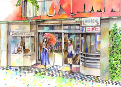 Rule 34 | 2girls, japanese clothes, kimono, miyabe sachi, multiple girls, oil-paper umbrella, original, school uniform, shop, umbrella
