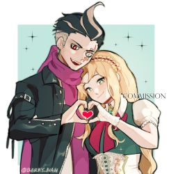 Rule 34 | 1boy, 1girl, :d, artist name, barry nah, black coat, black hair, blonde hair, bow, braid, coat, commentary, commission, couple, danganronpa (series), danganronpa 2: goodbye despair, earrings, english commentary, fangs, french braid, grey background, grey eyes, grey hair, heart, heart hands, hetero, heterochromia, jewelry, long hair, looking at viewer, multicolored hair, open clothes, open coat, open mouth, puffy short sleeves, puffy sleeves, red bow, red eyes, scarf, short hair, short sleeves, simple background, smile, sonia nevermind, sparkle, tanaka gundham, very long hair
