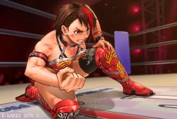 Rule 34 | 1girl, armband, artist name, asymmetrical hair, boxing ring, breasts, brown hair, bruise, bruise on face, chain, clenched hand, clenched teeth, d harry rock, dated, highres, indoors, injury, knee pads, multicolored hair, muscular, muscular female, on one knee, original, red footwear, short hair, small breasts, streaked hair, sweat, teeth