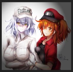 Rule 34 | 10s, 2girls, arm hug, black border, black shirt, blush, border, breasts, cabbie hat, closed mouth, clothes writing, collared jacket, commentary request, cosplay, fate/grand order, fate (series), flat cap, fujimaru ritsuka (female), gloves, hair between eyes, hat, hataraku saibou, head tilt, jacket, jeanne d&#039;arc (fate), jeanne d&#039;arc alter (avenger) (fate), jeanne d&#039;arc alter (fate), kimura shuuichi, large breasts, long sleeves, medium breasts, multiple girls, one side up, open clothes, open jacket, orange hair, red blood cell (hataraku saibou), red blood cell (hataraku saibou) (cosplay), red eyes, red hat, red jacket, shirt, short sleeves, silver hair, smile, white blood cell (hataraku saibou), white blood cell (hataraku saibou) (cosplay), white gloves, white hat, white jacket, yellow eyes