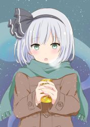 Rule 34 | 1girl, absurdres, alternate costume, blue background, blush, brown coat, buttons, can, coat, drink, ghost, gradient background, green background, green scarf, grey hairband, hairband, hands up, highres, hitodama, konpaku youmu, konpaku youmu (ghost), long sleeves, looking away, multicolored background, multicolored hair, open mouth, purple eyes, scarf, short hair, silver hair, snow, snowing, solo, steam, sweater, sweet miuk tea, touhou, white sweater
