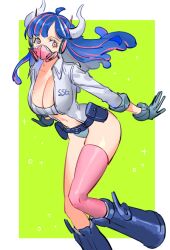 Rule 34 | 1girl, ahoge, blue hair, breasts, cleavage, covered mouth, curled horns, dinosaur girl, gas mask, gloves, grey gloves, horns, jacket, large breasts, long hair, mask, mouth mask, multicolored hair, navel, one piece, pink eyes, pink hair, pink mask, pink thighhighs, raine (acke2445), single thighhigh, solo, streaked hair, thighhighs, ulti (one piece), white jacket