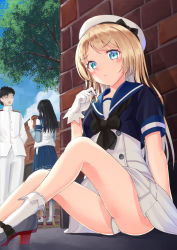 Rule 34 | 1boy, 2girls, admiral (kancolle), against wall, blonde hair, blue eyes, blue sailor collar, blue sky, brick wall, cloud, day, dress, dutch angle, gloves, hat, jervis (kancolle), kantai collection, mayura (lucadia), multiple girls, ooyodo (kancolle), outdoors, panties, pantyshot, sailor collar, sailor dress, sailor hat, sky, solo focus, tree, underwear, white dress, white gloves, white headwear, white panties