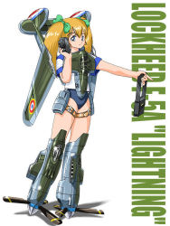 Rule 34 | 1girl, aircraft, airplane, blonde hair, flak (aaa&#039;s room), flak (artist), mecha musume, military, p-38 lightning, propeller, ribbon, simple background, solo, twintails, world war ii