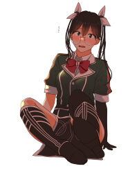 Rule 34 | 1girl, asymmetrical legwear, bespectacled, black gloves, black thighhighs, bow, bowtie, brown hair, commentary request, elbow gloves, glasses, gloves, green jacket, hair ribbon, hieda (hiedanoaqn), highres, jacket, kantai collection, kneehighs, long hair, looking at viewer, military jacket, open mouth, pelvic curtain, red bow, red bowtie, ribbon, round eyewear, shirt, short sleeves, single elbow glove, single kneehigh, single sock, single thighhigh, sitting, socks, solo, thighhighs, tone (kancolle), tone kai ni (kancolle), twintails, uneven legwear, white background, white ribbon, white shirt
