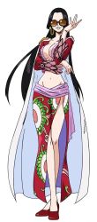 Rule 34 | 1girl, black hair, boa hancock, breasts, cape, cleavage, dress, female focus, full body, hip focus, large breasts, legs, long hair, long image, long sleeves, midriff, navel, official art, one piece, simple background, solo, sunglasses, tall image, white background