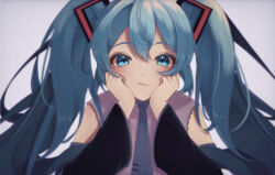 Rule 34 | 1girl, black sleeves, blue eyes, blue hair, blue necktie, commentary, detached sleeves, hands on own cheeks, hands on own face, hatsune miku, highres, long hair, looking at viewer, natsuno meme, necktie, solo, twintails, vocaloid, wide sleeves