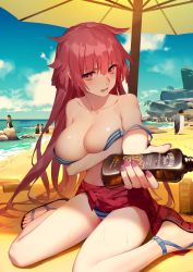 Rule 34 | 1girl, absurdres, animal, arm under breasts, bare legs, bare shoulders, beach, bikini, bikini pull, bird, blue bikini, blue sky, blunt bangs, blush, bottle, breast hold, breasts, cleavage, clothes pull, cloud, collarbone, commentary request, day, embarrassed, girls&#039; frontline, hair between eyes, hair flaps, highres, holding, holding bottle, large breasts, legs, long hair, looking at viewer, lotion, multiple others, nail polish, ntw-20 (girls&#039; frontline), ntw-20 (op. blazing sun) (girls&#039; frontline), ocean, official alternate costume, open mouth, outdoors, palm tree, penguin, personification, pink eyes, pink hair, reaching, reaching towards viewer, rekaerb maerd, rock, sand, sandals, sitting, sky, solo, striped bikini, striped clothes, sunscreen, sweat, swimsuit, thighs, tree, umbrella, undressing, very long hair, wariza, water, wet