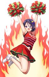 Rule 34 | 1girl, biccamera, black hair, breasts, cheerleader, company logo, highres, jumping, looking at viewer, medium breasts, open mouth, purple eyes, red skirt, shibuto-tan, skirt, smile, solo