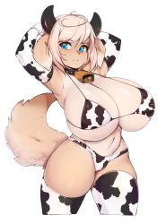 Rule 34 | 1girl, animal ears, animal print, armpits, arms behind head, arms up, bell, bikini, black horns, blue eyes, borrowed character, breasts, cleavage, cleft of venus, closed mouth, collar, cow print, cow print bikini, curvy, dog ears, dog girl, dog tail, elbow gloves, furry, furry female, gloves, highres, horns, huge breasts, light brown hair, navel, neck bell, original, print bikini, short hair, simple background, slugbox, solo, standing, swimsuit, tail, thick thighs, thighhighs, thighs, vao (coffeechicken), white background