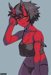 Rule 34 | 1girl, bare arms, bare shoulders, black panties, blush, breasts, cleavage, closed mouth, colored sclera, colored skin, cowboy shot, crop top, crop top overhang, grey background, hand up, horns, kidouko (zakusi), looking at viewer, medium breasts, navel, oni, oni horns, original, panties, pixel art, red oni, red skin, short hair, simple background, solo, standing, strap slip, underwear, yellow eyes, yellow sclera, zakusi
