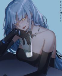 Rule 34 | 1girl, artist name, black dress, black gloves, blue background, blue hair, breasts, collarbone, cup, dress, earrings, elbow gloves, glass, gloves, highres, holding, holding cup, hoop earrings, indie virtual youtuber, jewelry, large breasts, long hair, milk, milkie (vtuber), necklace, open mouth, second-party source, solo, strapless, strapless dress, virtual youtuber, yellow eyes, yuni miii