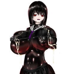 Rule 34 | black hair, black skirt, bodysuit, breast milk, breasts, keteru yamiko, lactation, lactation through clothes, large breasts, red eyes, scp-835-jp, scp foundation, skirt, thick thighs, thighs, yandere