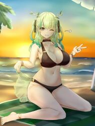 Rule 34 | 1girl, aidoruhakase, anklet, antlers, barefoot, beach, beach towel, bikini, black bikini, black choker, black ribbon, bracelet, branch, breasts, ceres fauna, choker, commentary, english commentary, full body, green hair, green nails, hair ribbon, highres, hololive, hololive english, horns, jewelry, large breasts, leaf, long hair, looking at viewer, mole, mole under eye, nail polish, navel, one eye closed, parted lips, ribbon, sitting, sky, solo, stomach, sunset, swimsuit, thighs, toenail polish, toenails, towel, two side up, v, virtual youtuber, yellow eyes