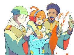 Rule 34 | 1girl, 2boys, :d, afro puffs, arm over shoulder, asticassia school uniform, beanie, blue eyes, bottle, brown hair, closed eyes, dark-skinned male, dark skin, gundam, gundam suisei no majo, hair between eyes, hairband, hat, holding, holding bottle, jacket, long sleeves, looking at another, multiple boys, nuno kargan, ojelo gabel, open mouth, red hair, school uniform, short hair, simple background, smile, spilling, stained clothes, standing, suiseikaro, suletta mercury, thick eyebrows, upper body, white background, white jacket, wide sleeves