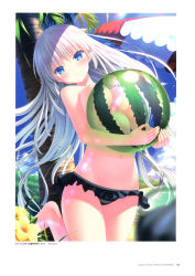 Rule 34 | 1girl, absurdres, ball, beach, beachball, bikini, bikini bottom only, bikini skirt, black skirt, blue eyes, blue sky, blush, breasts, cleavage, cloud, collarbone, copyright name, cowboy shot, day, fingernails, flower, hair between eyes, hair ornament, highres, holding, holding ball, large breasts, leg up, long fingernails, long hair, looking at viewer, medium breasts, na-ga, nail polish, naruse shiroha, navel, ocean, official art, outdoors, palm tree, pink nails, sand, scan, sidelocks, silver hair, skirt, sky, solo, standing, standing on one leg, stomach, striped bikini, striped bikini bottom, striped clothes, summer pockets, swimsuit, thighs, topless, tree, underboob, very long hair, water