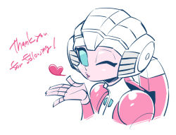 Rule 34 | arcee, autobot, blowing kiss, blue eyes, insignia, lipstick, makeup, mecha, mecha musume, no humans, one eye closed, open hand, open mouth, robot, solo, sunafuki tabito, thank you, transformers, white background