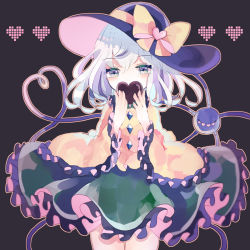 Rule 34 | 1girl, black hat, bow, brown background, buttons, commentary request, covering own mouth, cowboy shot, diamond button, frilled shirt collar, frilled skirt, frilled sleeves, frills, green skirt, grey hair, hat, hat bow, heart, heart of string, hiyuu (hiyualice), holding, holding heart, komeiji koishi, long sleeves, looking at viewer, medium hair, pixel heart, shirt, skirt, solo, standing, third eye, touhou, wide sleeves, yellow bow, yellow shirt