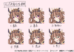 Rule 34 | &gt; &lt;, 1girl, :3, armor, blush, brown hair, character sheet, commentary, commentary request, embarrassed, expression chart, expressions, frown, hairband, kyonyuu fantasy, kyonyuu fantasy burst x, light smile, multicolored hair, multiple views, pauldrons, pink background, saijou satoru, shoulder armor, simple background, streaked hair, tears, teresia (kyonyuu fantasy burst), thorns, white hair