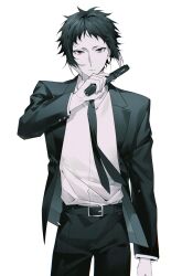 Rule 34 | 1boy, akat42273008, akutagawa ryuunosuke (bungou stray dogs), belt, bungou stray dogs, closed mouth, collared shirt, cowboy shot, formal, greyscale, gun, hand up, handgun, highres, holding, holding gun, holding weapon, jacket, looking at viewer, male focus, monochrome, multicolored hair, necktie, pants, shirt, short hair, simple background, solo, standing, suit, two-tone hair, weapon