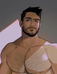 Rule 34 | 1boy, bara, beard, black hair, brown eyes, chest hair, closed mouth, facial hair, highres, large pectorals, looking at viewer, male focus, manly, mature male, muscular, muscular male, nipples, original, pectorals, seupil hyugo (spirohugo), short hair, sideburns, simple background, solo, thick eyebrows, topless male, upper body