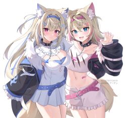 Rule 34 | 2girls, animal ear fluff, animal ears, ardenlolo, artist name, belt, black choker, black jacket, blonde hair, blue belt, blue eyes, blue hairband, breasts, chain, choker, claw pose, cleavage, closed mouth, cowboy shot, crop top, crop top overhang, dog ears, dog tail, drawstring, dress, fang, frilled shorts, frills, fur-trimmed jacket, fur trim, fuwawa abyssgard, fuwawa abyssgard (1st costume), hairband, hands up, hololive, hololive english, jacket, long hair, long sleeves, looking at viewer, loose belt, medium breasts, midriff, mococo abyssgard, mococo abyssgard (1st costume), multicolored hair, multiple girls, nail polish, navel, off shoulder, open clothes, open jacket, open mouth, pink eyes, shirt, short shorts, shorts, siblings, simple background, sisters, smile, standing, stomach, streaked hair, tail, twins, virtual youtuber, white background, white dress, white shirt, white shorts