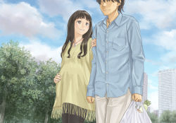 Rule 34 | 1boy, 1girl, arms at sides, bag, black hair, blouse, blue shirt, brown eyes, brown hair, building, city, cloud, couple, daikon, day, denim, closed eyes, fringe trim, grocery bag, hand on own stomach, helpig, hetero, holding, holding bag, jeans, jewelry, locked arms, long hair, necklace, original, outdoors, pants, pregnant, radish, ring, shirt, shopping bag, short hair, side-by-side, skyscraper, tree, wavy mouth, wedding band, yellow shirt