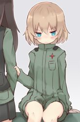 Rule 34 | 10s, 2girls, arm grab, arm support, black hair, black skirt, black vest, blonde hair, blue eyes, blush, closed mouth, clothes grab, frown, girls und panzer, green jacket, green jumpsuit, jacket, jumpsuit, katyusha (girls und panzer), long hair, long sleeves, looking at viewer, military, military uniform, miniskirt, multiple girls, nonna (girls und panzer), pleated skirt, pravda military uniform, short hair, short jumpsuit, shuuichi (gothics), sitting, skirt, sleeve grab, solo focus, standing, uniform, vest