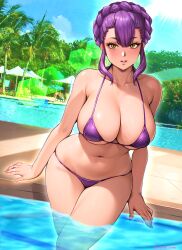 Rule 34 | 1girl, bare arms, bare shoulders, bikini, braid, breasts, cleavage, collarbone, commentary request, crown braid, day, dutch angle, gundam, gundam suisei no majo, highres, large breasts, light blush, looking at viewer, navel, outdoors, oyaman, parted lips, partially submerged, pool, purple bikini, purple hair, sabina fardin, sitting, smile, solo, stomach, string bikini, swimsuit, twitter username, water, yellow eyes